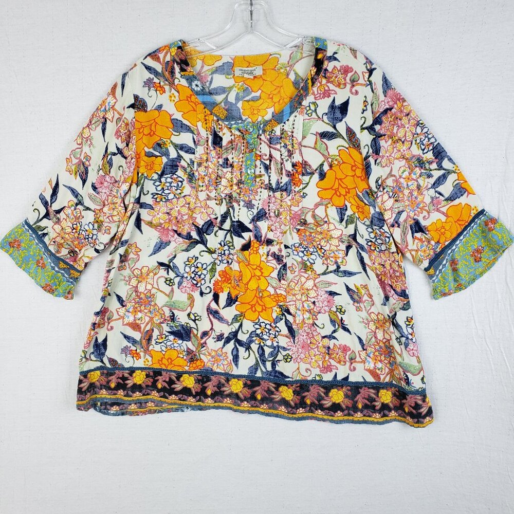 Orientique Australian Blouse Top Peasant Floral Colorful Beaded Pintuck size M